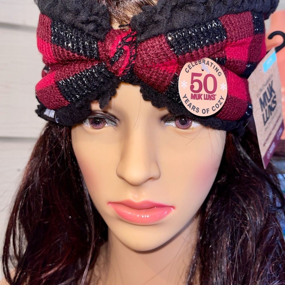 MUK LUKS Buffalo Plaid Reversible Headband in Dark Red/Black with Faux Fur - Picture 8 of 16